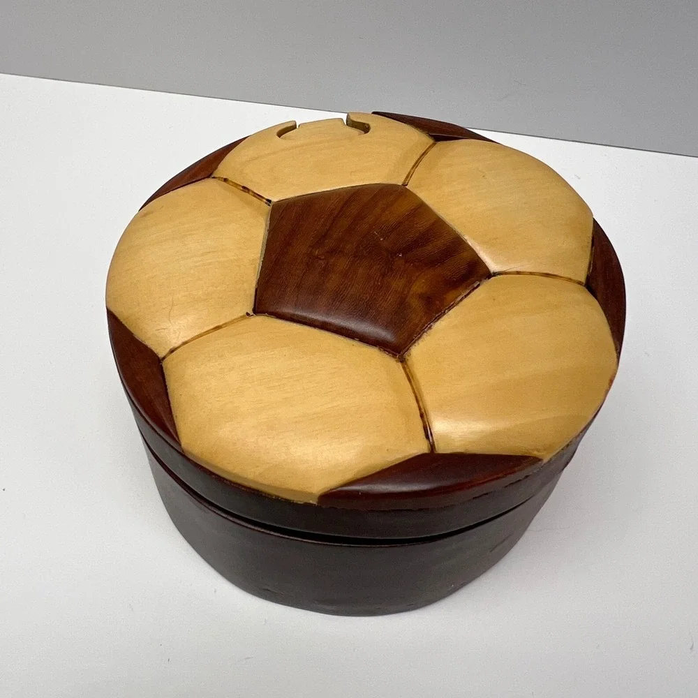 Wooden Soccer Ball Flower Puzzle Box Trinket Storage Container Unique Gift